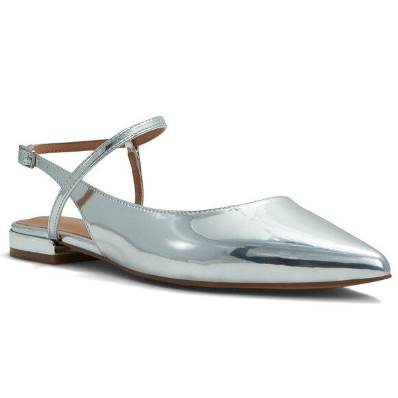 ALDO Sarine Ankle Strap Pointed Toe Flat In Metallic Silver Size 8.5 - Picture 3 of 16